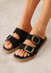 Czarne Klapki VICES z Dwoma Paskami i Metalicznymi Klamrami Kaliniassi. Czarne klapki damskie Born2be, bez wzorów, z jeansu, bez obcasa, na płaskiej podeszwie, bez zapięcia. Za 99.99 zł.