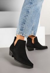 Czarne Botki Typu Kowbojki z Wycięciem na Stożkowym Obcasie Hanrisa. Czarne botki damskie Renee, z jeansu, boho, bez obcasa, na obcasie, bez zapięcia. Za 139.99 zł.