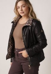 Czarna Dwustronna Kurtka Pikowana Ozdobiona Naszywką i Panterką Nemopis. Czarne kurtki damskie Born2be, l, z aplikacjami, z jeansu, bez kaptura. Za 129.99 zł.