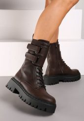 Brązowe Botki na Platformie w Stylu Workerów Ozdobione Paskami na Rzep Sairona. Brązowe botki damskie Renee, z jeansu, eleganckie, bez obcasa, na platformie, bez zapięcia. Za 159.99 zł.