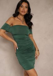 Zielona Sukienka Bodycon z Górą Open Shoulder i Marszczeniem Tosivea. Zielone sukienki damskie Renee, bez wzorów, bez ramiączek. W wyprzedaży za 67.99 zł.
