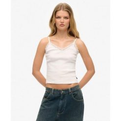 Koszulka z koronkowym wykończeniem. Białe koszulki damskie Superdry, bez wzorów, z koronki, bez kołnierzyka, bez ramiączek. Za 104.05 zł.