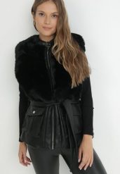 Czarna Kamizelka z Futerka i Ekoskóry Wiązana w Pasie Erolu. Czarne kamizelki damskie Born2be, l, bez wzorów, bez kaptura. Za 139.99 zł.