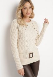Jasnobeżowy Sweter Ozdobiony Tłoczeniem i Paskiem Kortissta. Brązowe swetry klasyczne damskie Born2be, m, z jeansu, bez kołnierzyka. Za 119.99 zł.