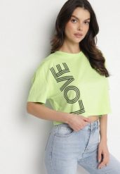 Zielony Krótki Bawełniany T-shirt z Napisem Sannirra. Zielone t-shirty damskie Born2be, m, bez wzorów, z bawełny, bez kołnierzyka. Za 34.99 zł.