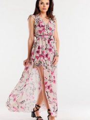 Sukienka Model A502 Cherry Flowers - awama. Czerwone sukienki damskie Awama, bez wzorów, z szyfonu, bez ramiączek. Za 548.36 zł.