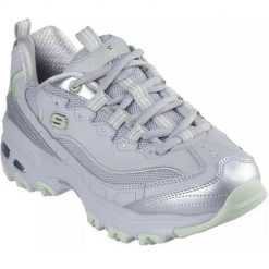Buty do chodzenia damskie Skechers D'lites. Szare obuwie sportowe damskie Skechers, z materiału, bez zapięcia, trekkingowe. Za 358.00 zł.