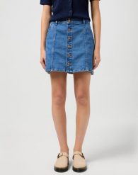 DAMSKA SPÓDNICA WRANGLER DENIM MINI SKIRT MID WASH 112352524. Spódnice damskie Wrangler, m, bez wzorów, z denimu, mini. Za 159.99 zł.