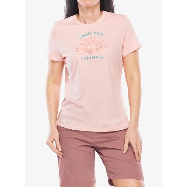 Koszulka z nadrukiem damska Columbia Ruby Springs Graphic Fitted. Czerwone koszulki damskie Columbia, bez wzorów, bez kołnierzyka, bez ramiączek. Za 76.99 zł.