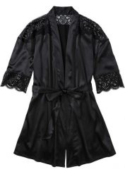Satynowe kimono z efektem połysku. Czarne szlafroki damskie bonprix, bez wzorów, z koronki, bez kaptura. Za 122.99 zł.