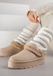 Ciemnobeżowe Krótkie Śniegowce na Platformie Ozdobione Futerkiem Sewlara. Brązowe śniegowce damskie Renee, z jeansu. Za 59.99 zł.