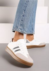 Srebrne Sneakersy na Płaskiej Podeszwie z Geometrycznym Zdobieniem Irinis. Białe obuwie sportowe damskie Renee, z materiału, bez zapięcia. Za 74.99 zł.