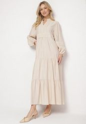Jasnobeżowa Wiskozowa Sukienka Boho o Rozkloszowanym Kroju z Gumką i Koronką Gonillea. Brązowe sukienki damskie Born2be, z aplikacjami, z koronki, boho, bez ramiączek. W wyprzedaży za 127.49 zł.