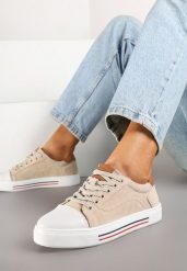 Beżowe Skórzane Trampki na Płaskiej Podeszwie ze Skórzaną Wkładką i Kontrastowym Noskiem Helili. Brązowe trampki damskie Born2be, bez wzorów, z jeansu, bez zapięcia. Za 169.99 zł.