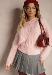 Różowy Sweter z Wełną o Fakturze Imitującej Pióra z Ozdobną Wstawką o Wzorzystym Splocie Mirirra. Czerwone swetry klasyczne damskie Renee, z wełny, bez kołnierzyka. Za 54.99 zł.
