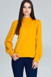 Musztardowa Bluzka ze Stójką z Riuszką. Bluzki damskie Figl, s, bez wzorów, z elastanu, bez kołnierzyka, bez ramiączek. Za 179.00 zł.