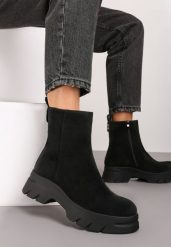 Czarne Casualowe Botki z Ekozamszu na Platformie Naolara. Czarne botki damskie Renee, z jeansu, eleganckie, bez obcasa, na platformie, bez zapięcia. Za 139.99 zł.