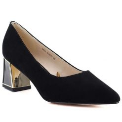 Skórzane półbuty damskie na ozdobym słupku czarne Vinceza 26-66921. Czarne czółenka damskie VINCEZA, z aplikacjami, z nubiku, bez obcasa, na słupku, bez zapięcia. Za 199.99 zł.