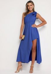 Niebieska Koktajlowa Asymetryczna Sukienka z Kokardą na Ramieniu Vimarellia. Niebieskie sukienki damskie Born2be, bez wzorów, eleganckie, bez ramiączek. Za 119.99 zł.