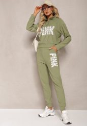 Zielony Komplet z Napisem Bluza Krótka i Spodnie ze Ściągaczami Nimilia. Zielone bluzy damskie Renee, l, bez wzorów, bez kaptura. Za 69.99 zł.