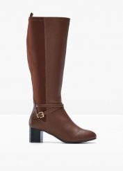 Kozaki. Brązowe kozaki damskie bonprix, bez obcasa, bez zapięcia. Za 229.99 zł.