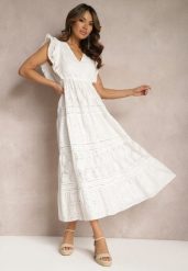 Biała Haftowana Sukienka z Bawełny z Rozkloszowanym Dołem z Koronką i Falbankami Xirina. Białe sukienki damskie Renee, w ażurowe wzory, z bawełny, bez ramiączek. Za 139.99 zł.