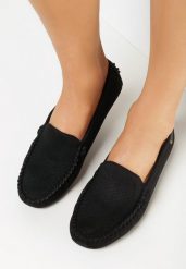 Czarne Mokasyny Thalothee. Czarne mokasyny damskie Born2be, ze skóry, z okrągłym noskiem, bez obcasa. Za 99.99 zł.
