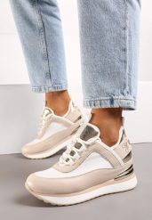 Beżowo-Białe Sneakersy na Ukrytym Koturnie z Metaliczną Blaszką i Napisem Yenavra. Brązowe obuwie sportowe damskie Born2be, bez zapięcia, trekkingowe. Za 169.99 zł.