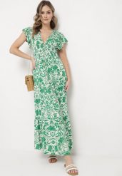 Zielona Rozkloszowana Sukienka Maxi z Luźnym Rękawem w Kwiatowy Print Oxeria. Zielone sukienki damskie Born2be, bez wzorów, bez ramiączek. W wyprzedaży za 84.99 zł.