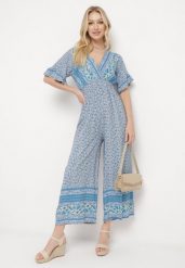 Niebieski Bawełniany Kombinezon z Gumkami w Pasie i Kopertowym Dekoltem Zapinany z Tyłu na Guziki Lorrania. Niebieskie sukienki damskie Born2be, bez wzorów, z bawełny, eleganckie, bez ramiączek. Za 49.99 zł.