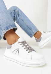 Biało-Szare Sneakersy na Grubej Podeszwie w Cyrkonie Rizafine. Białe obuwie sportowe damskie Born2be, na wiosnę, z jeansu, bez zapięcia, trekkingowe. Za 129.99 zł.