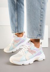Biało-Fioletowe Sneakersy w Streetwearowym Stylu z Siateczkowymi Zdobieniami Dorelline. Białe obuwie sportowe damskie Born2be, z jeansu, bez zapięcia. Za 84.99 zł.