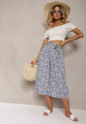 Niebieskie Spodnie z Szerokimi Nogawkami High Waist z Bawełną Paskiem i Gumką w Talii Drosofia. Niebieskie rurki damskie Renee, bez wzorów, z bawełny, z podwyższonym stanem. Za 39.99 zł.