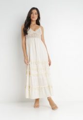 Jasnobeżowa Sukienka Dorassa. Brązowe sukienki damskie Born2be, bez wzorów, z bawełny, boho, bez ramiączek. Za 289.99 zł.