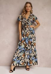 Czarno-Niebieska Sukienka z Wiskozy Maxi w Kwiaty Mahiza. Czarne sukienki damskie Renee, bez wzorów, z tkaniny, bez ramiączek. W wyprzedaży za 67.99 zł.