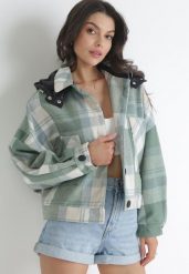 Zielona Kurtka Koszulowa w Kratę z Wełną Kasiti. Zielone kurtki damskie Born2be, xl, bez wzorów, z wełny, bez kaptura. Za 129.99 zł.