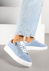 Niebieskie Sneakersy Skórzane na Platformie z Ozdobnym Suwakiem i Perforacją Niliria. Niebieskie obuwie sportowe damskie Renee, z jeansu, bez zapięcia. Za 169.99 zł.