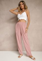 Różowe Spodnie z Bawełną o Szerokim Kroju High Waist Fanelithia. Czerwone spodnie materiałowe damskie Renee, bez wzorów, z bawełny. Za 39.99 zł.
