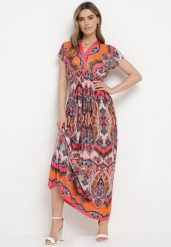 Pomarańczowa Sukienka Maxi w Stylu Boho z Elastycznej Wiskozy Arnevia. Brązowe sukienki damskie Born2be, bez wzorów, z wiskozy, boho, bez ramiączek. Za 69.99 zł.