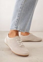 Beżowe Perforowane Sneakersy z Zamszu Naturalnego ze Skórzaną Wkładką Mezlea. Brązowe obuwie sportowe damskie Born2be, z jeansu, bez zapięcia. Za 189.99 zł.