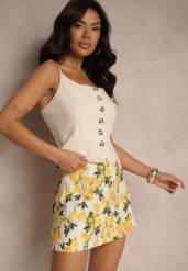 Beżowe Spódnico-Szorty High Waist z Motywem Cytryn Nitiria. Brązowe szorty damskie Renee, z aplikacjami, z podwyższonym stanem. Za 84.99 zł.