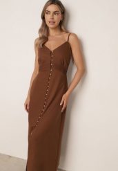 Brązowa Bawełniana Sukienka o Rozkloszowanym Kroju na Ramiączkach z Guzikami Firbia. Brązowe sukienki damskie Born2be, bez wzorów, z bawełny, eleganckie, bez ramiączek. Za 129.99 zł.
