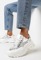 Białe Sneakersy na Grubej Podeszwie z Cyrkoniami i Ozdobnym Sznurkiem Evadnie. Białe obuwie sportowe damskie Born2be, bez zapięcia. Za 119.99 zł.