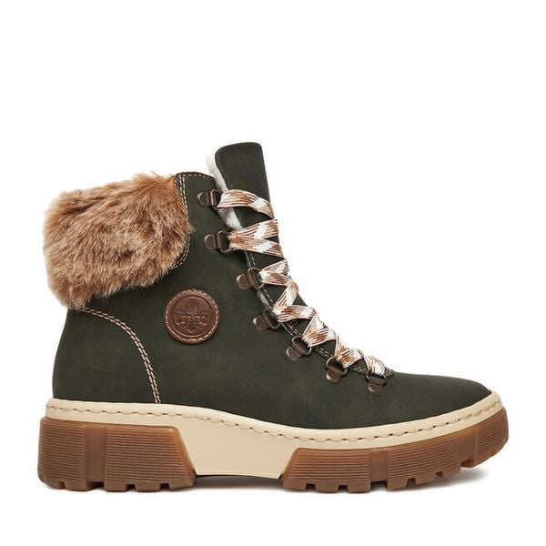 Trzewiki Rieker. Zielone botki damskie Rieker, bez obcasa, na płaskiej podeszwie, bez zapięcia. Za 369.99 zł.