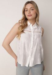 Biała Wiskozowa Koszula Bez Rękawów w Stylu Boho z Haftem Viviebelle. Białe koszule damskie Born2be, m, bez wzorów, z wiskozy, boho, bez kołnierzyka, bez ramiączek. Za 79.99 zł.