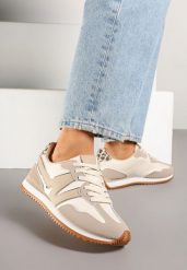 Beżowe Sneakersy z Geometrycznym Wzorem i Metaliczną Wstawką Zolio. Brązowe obuwie sportowe damskie Renee, z jeansu, bez zapięcia. Za 79.99 zł.