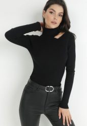 Czarny Golf z Wycięciem cRora. Czarne golfy damskie Born2be, m, z aplikacjami, z dzianiny, bez ramiączek. Za 99.99 zł.