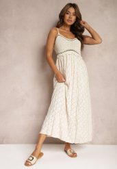 Beżowa Sukienka na Ramiączkach o Rozkloszowanym Kroju Quemvia. Brązowe sukienki damskie Renee, z aplikacjami, glamour, bez ramiączek. Za 129.99 zł.