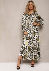 Beżowo-Zielona Długa Sukienka z Satyny z Gumką w Pasie i Ornamentalnym Printem Anoitia. Zielone sukienki damskie Renee, bez wzorów, z jeansu, boho, bez ramiączek. W wyprzedaży za 127.99 zł.