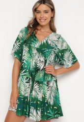 Biało-Zielona Rozkloszowana Sukienka z Dekoltem w Serek i Falbanką Tiamaria. Białe sukienki damskie Born2be, bez wzorów, eleganckie, bez ramiączek. Za 59.99 zł.